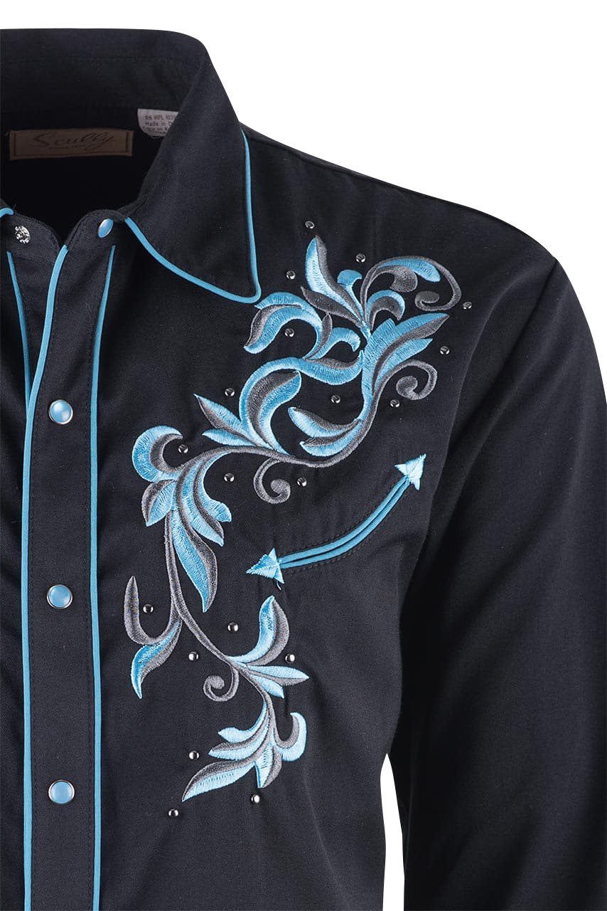 Scully Filigree Western Pearl Snap Shirt - Black/Blue
