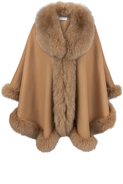 HYEON へヨンted cape camel Winter sale -Cashmere blend hooded cape with fox trim-camel – Yves