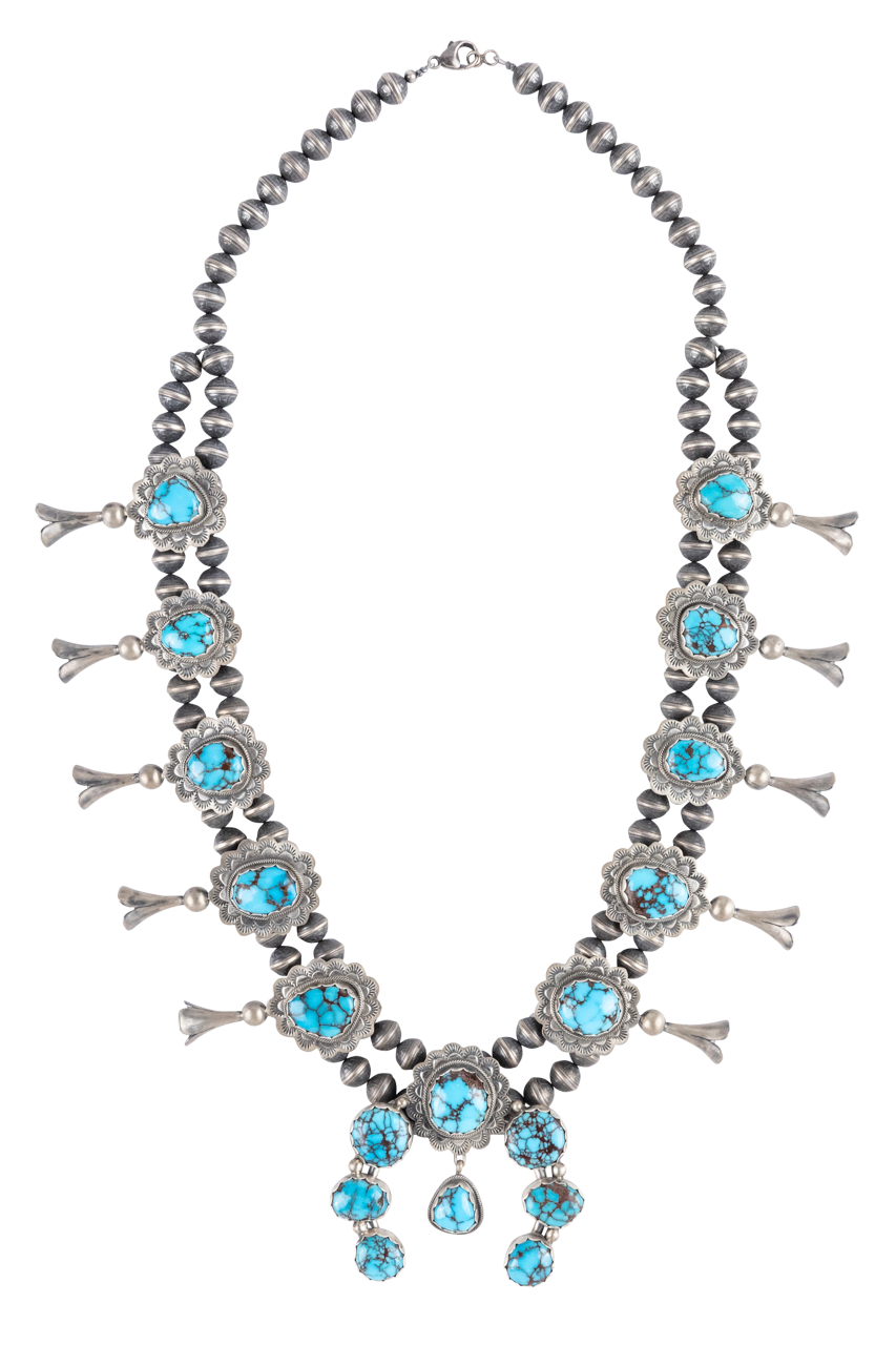 Sterling Silver & Prince Turquoise Squash Blossom Necklace