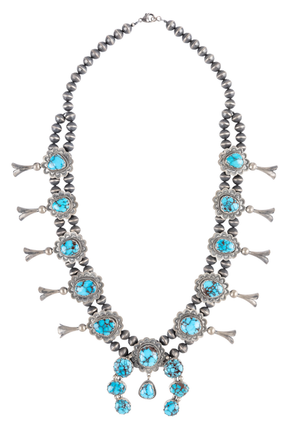 Sterling Silver & Prince Turquoise Squash Blossom Necklace