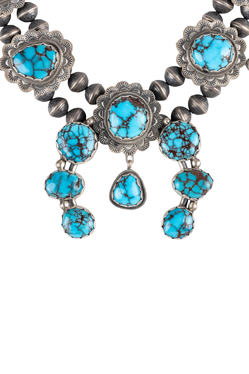 Sterling Silver & Prince Turquoise Squash Blossom Necklace