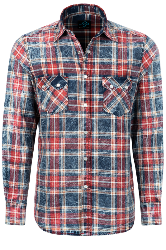 Pinto Ranch YY Collection Washed Plaid Snap Front Shirt - Red/Indigo