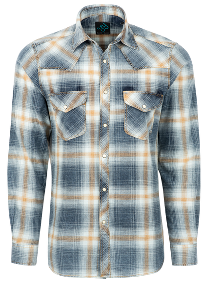 Pinto Ranch YY Collection Washed Plaid Snap Front Shirt - Gold/Indigo