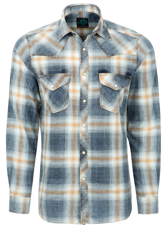 Pinto Ranch YY Collection Washed Plaid Snap Front Shirt - Gold/Indigo