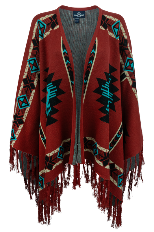 Time of the West Aztec Print Cape - Red