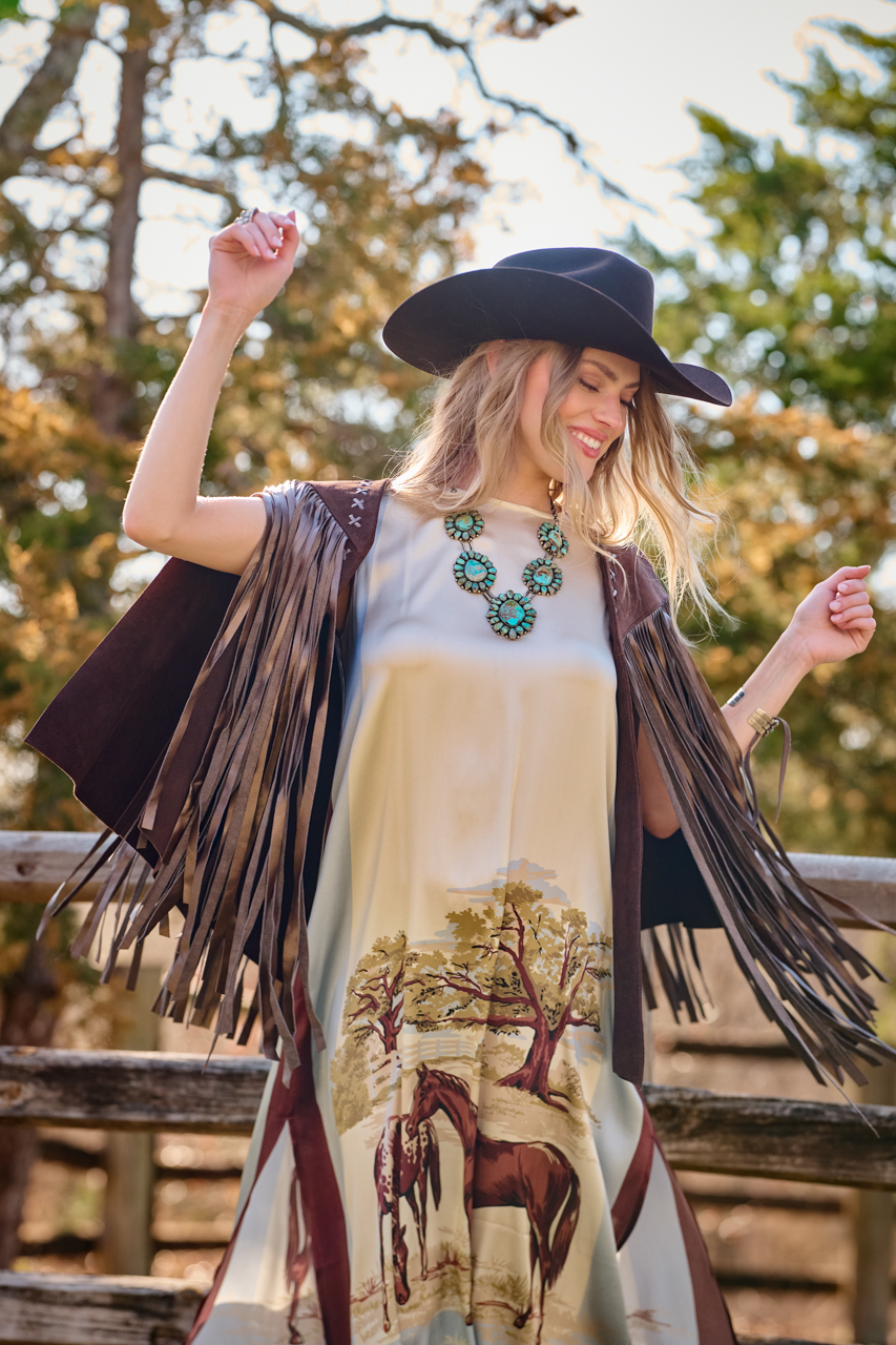 Western and Co. Full Fringe Metallic Suede Cape