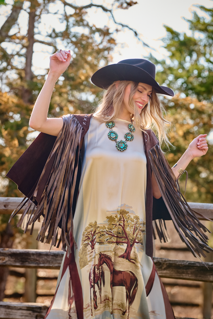 Western and Co. Full Fringe Metallic Suede Cape