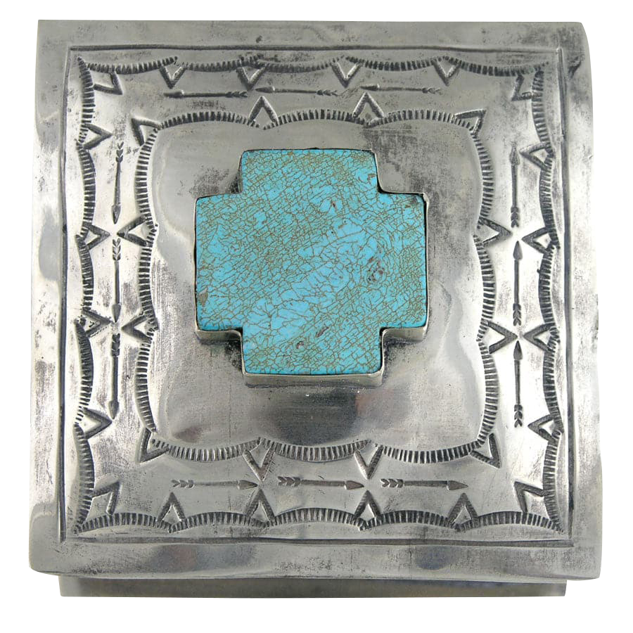 Silver Stamped Box with Turquoise Cross