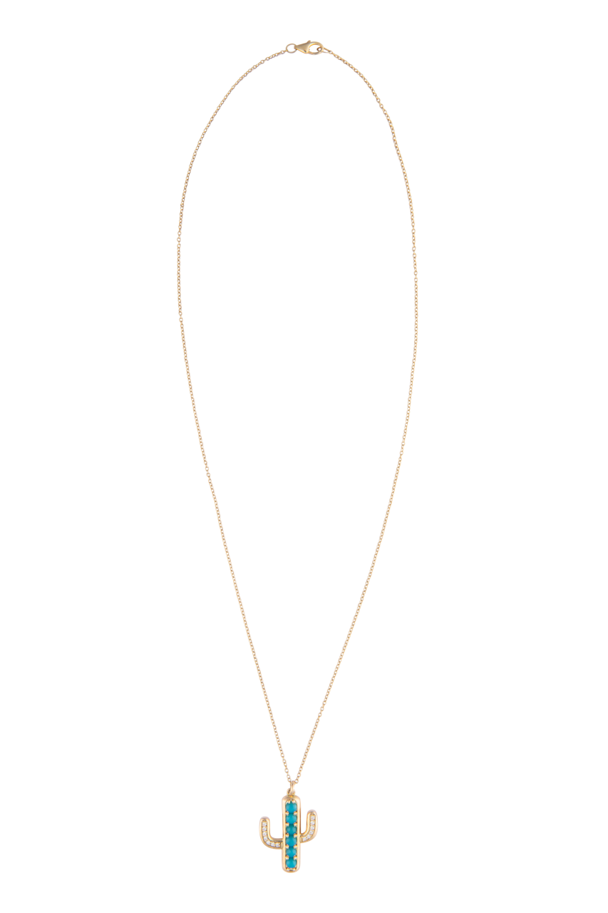 Turquoise & Diamond Cactus Pendant Necklace