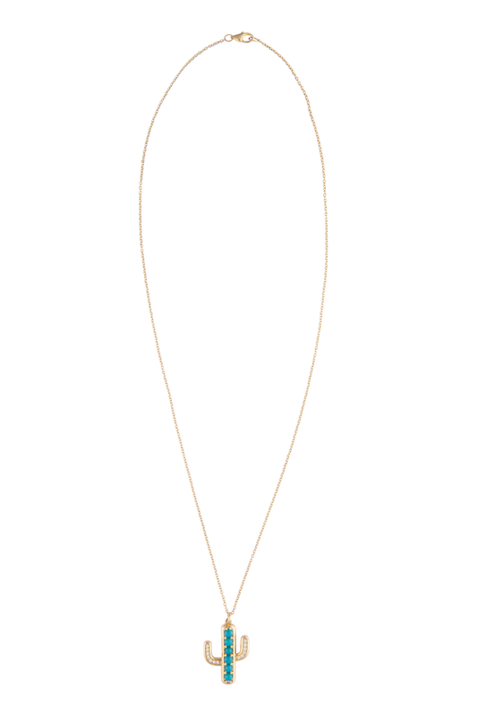 Turquoise & Diamond Cactus Pendant Necklace