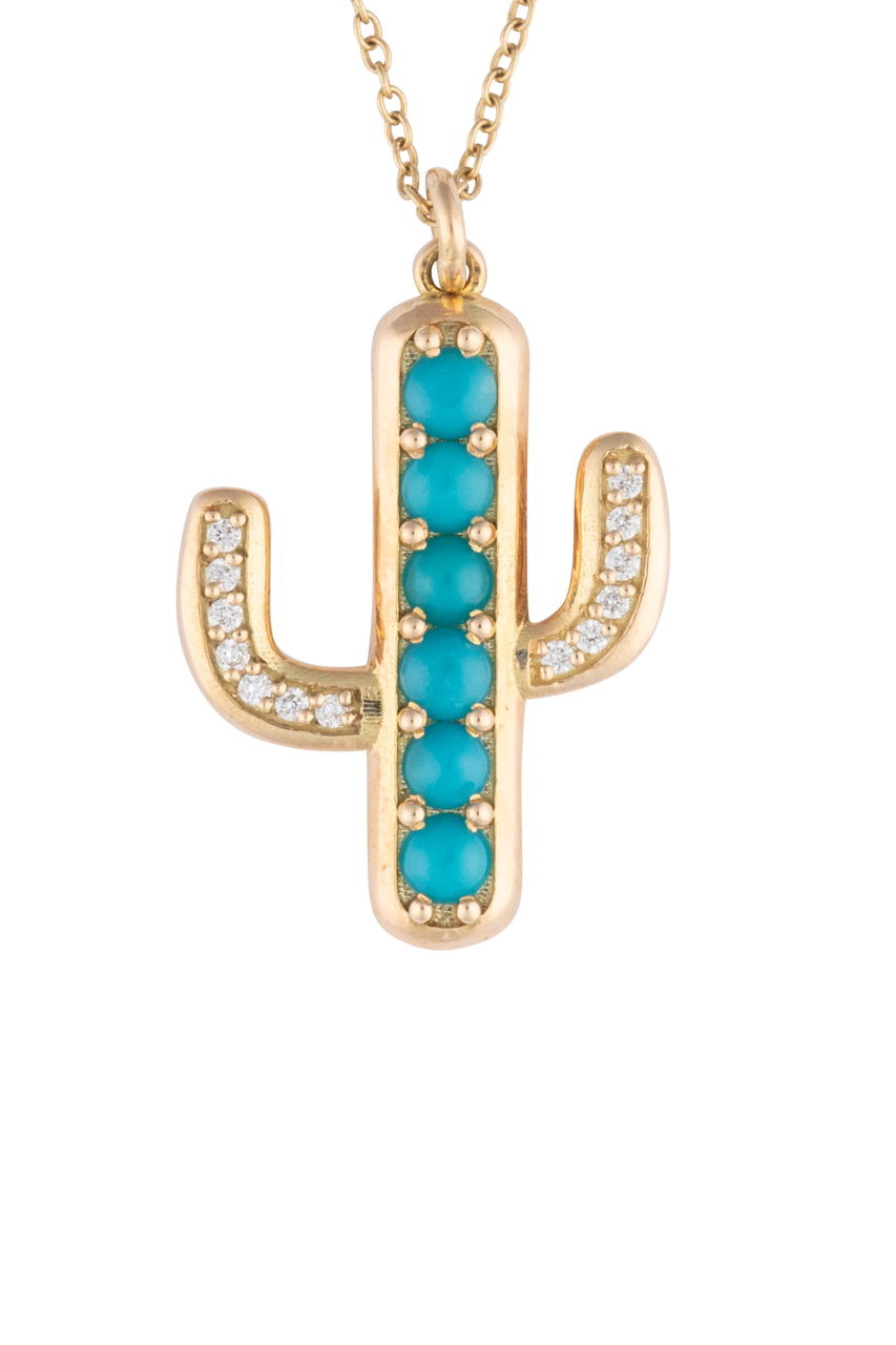 Turquoise & Diamond Cactus Pendant Necklace