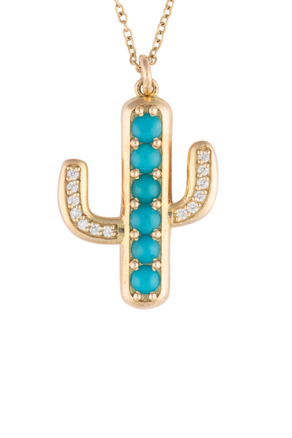 Turquoise & Diamond Cactus Pendant Necklace