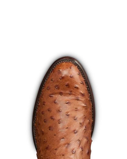 Close-up of a brown ostrich-textured leather boot tip