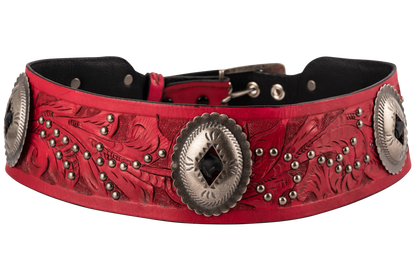 CTM Leather Western Belt - Floral Embossed, 1 3/8" Wide, Removable Buckle, Size 38, Red