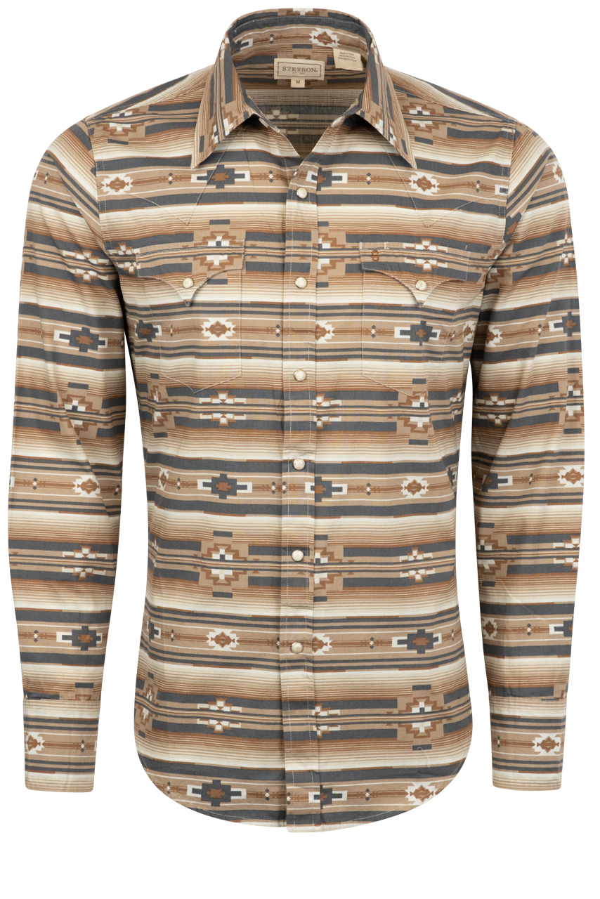 Stetson Men's Original Rugged Brown Aztec Pearl Snap Western Shirt ...