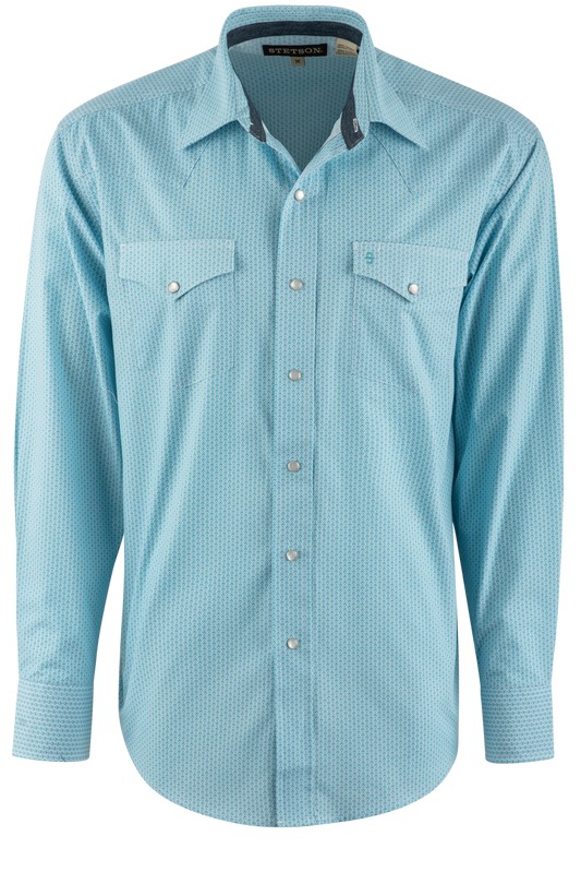 Stetson Deco Print Long Sleeve Pearl Snap Shirt - Blue