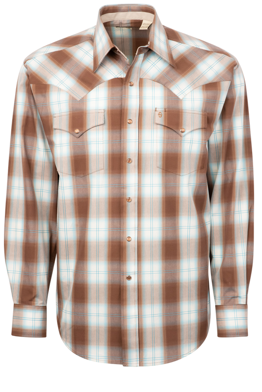 Stetson Men's Ombre Plaid Pearl Snap Shirt - Sand