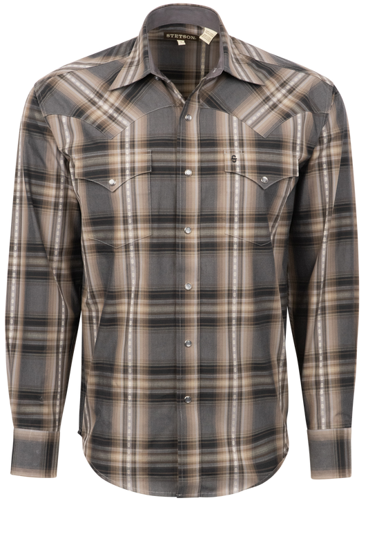 Stetson Men's Dobby Plaid Pearl Snap Shirt - Granite