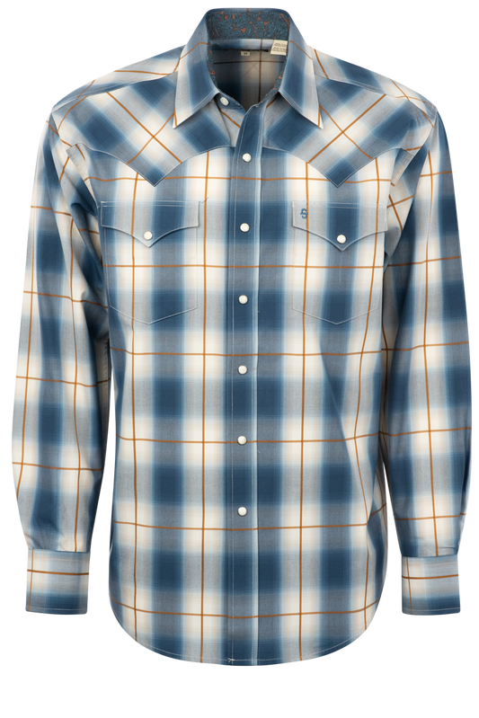 Stetson Men's Ombre Plaid Pearl Snap Shirt - Blue Steel