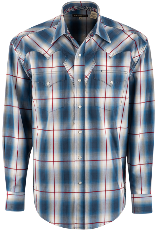 Stetson Ombre Plaid Long Sleeve Pearl Snap Shirt - Blue