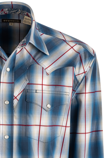 Stetson Ombre Plaid Long Sleeve Pearl Snap Shirt - Blue
