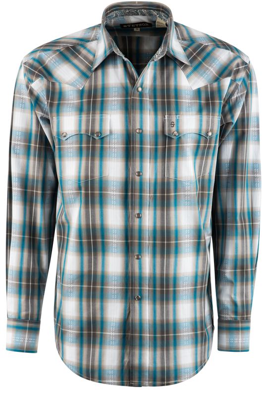 Stetson Mallard Plaid Dobby Long Sleeve Pearl Snap Shirt - Brown