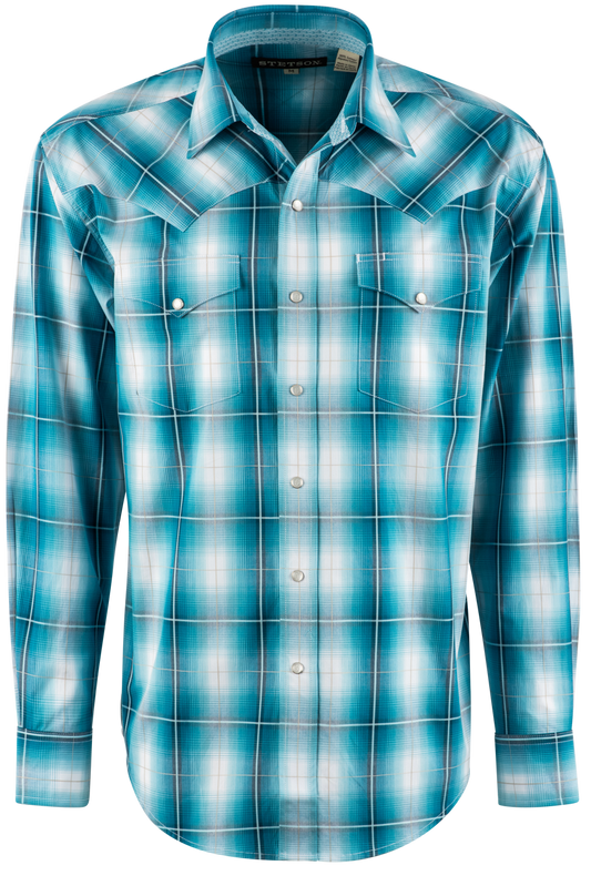 Stetson Plaid Pearl Snap Shirt - Turquoise