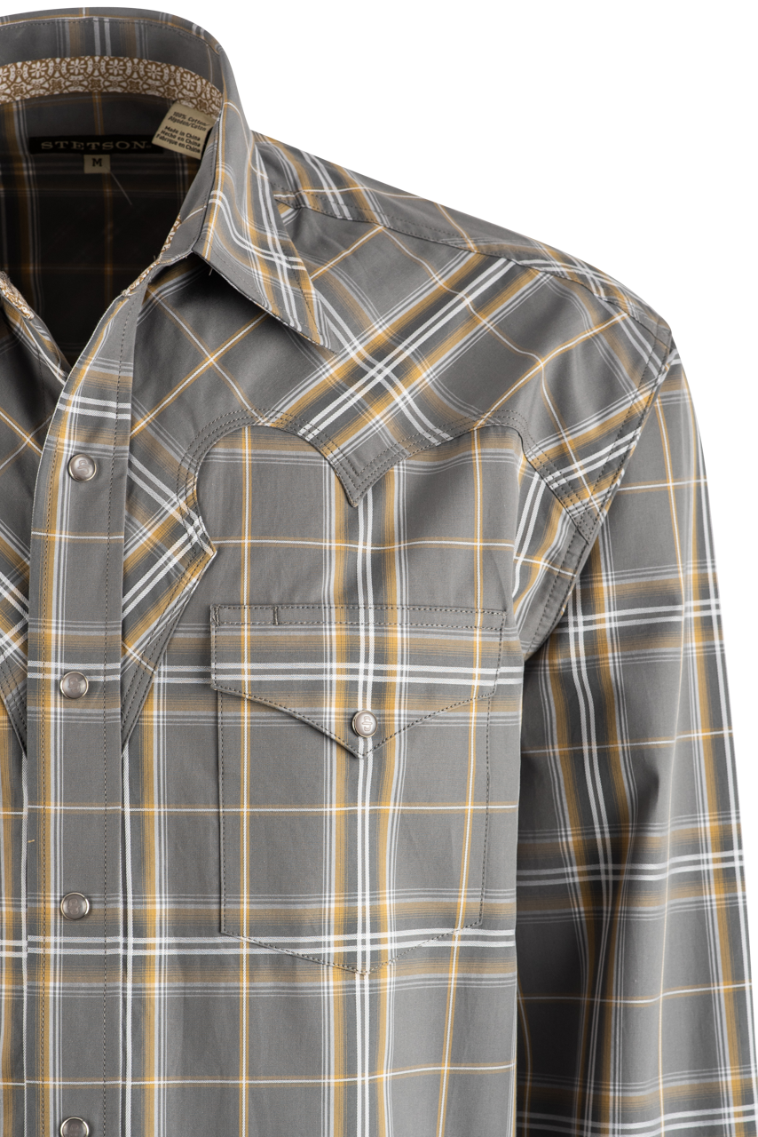 Stetson Men's Denim Plaid Pearl Snap Shirt - Classic Yellow