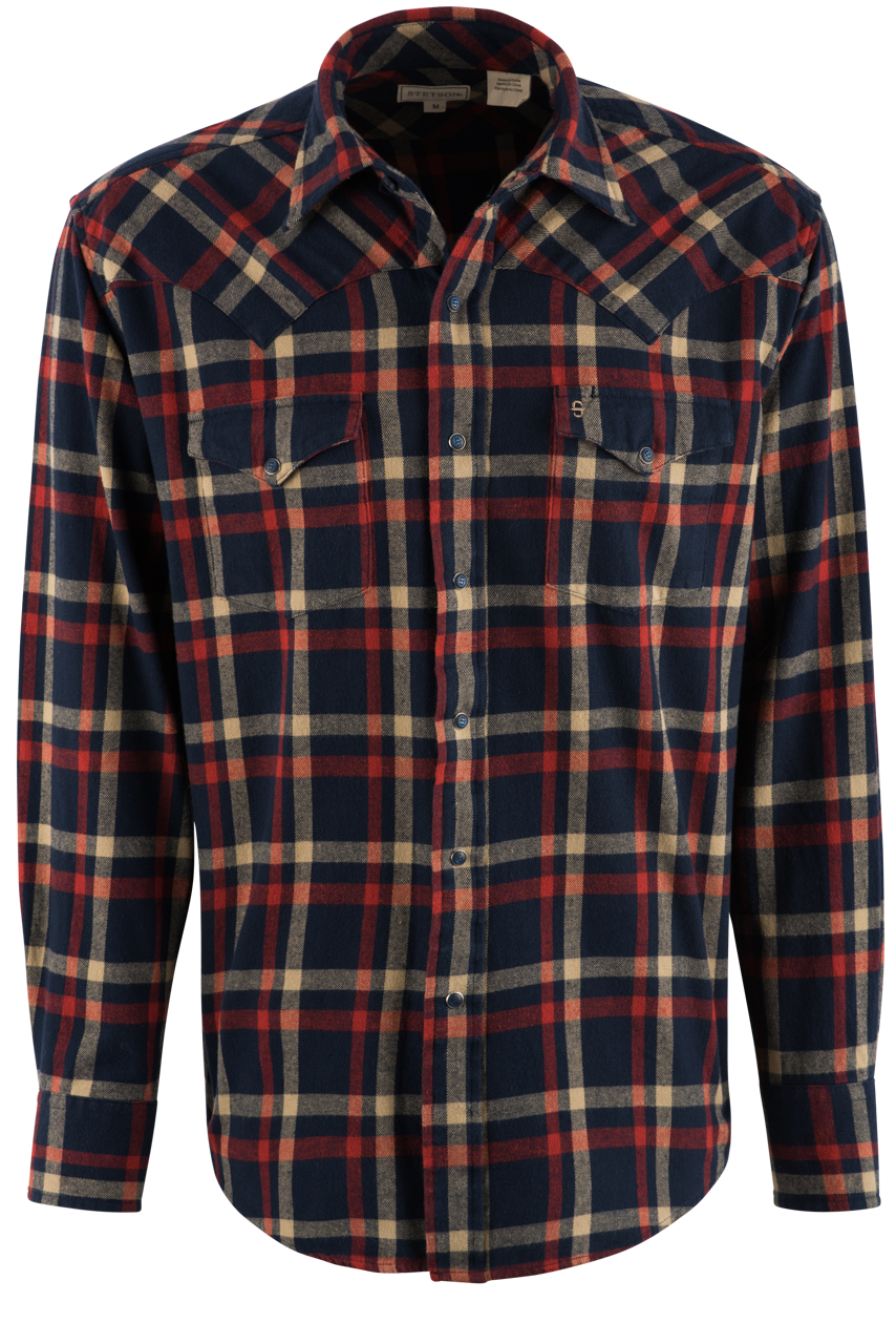 Stetson Men's Brushed Twill Pearl Snap Shirt - Navy Plaid