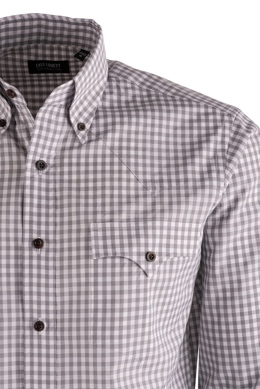 Lyle Lovett Gingham Check Poplin Long Sleeve Button-Front Shirt - Gray with White