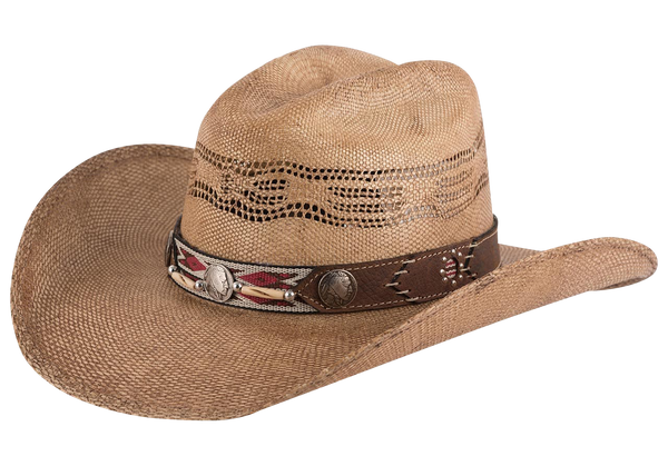 Bullhide Straw Western Cowboy Hat with Decorative Leather Cross Patch Bullhide Western Couture Distressed Cowboy Hat with Feather  main image 2