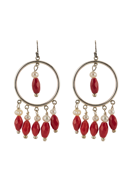 Ann Vlach Faceted Coral & Pearl Chandelier Earrings