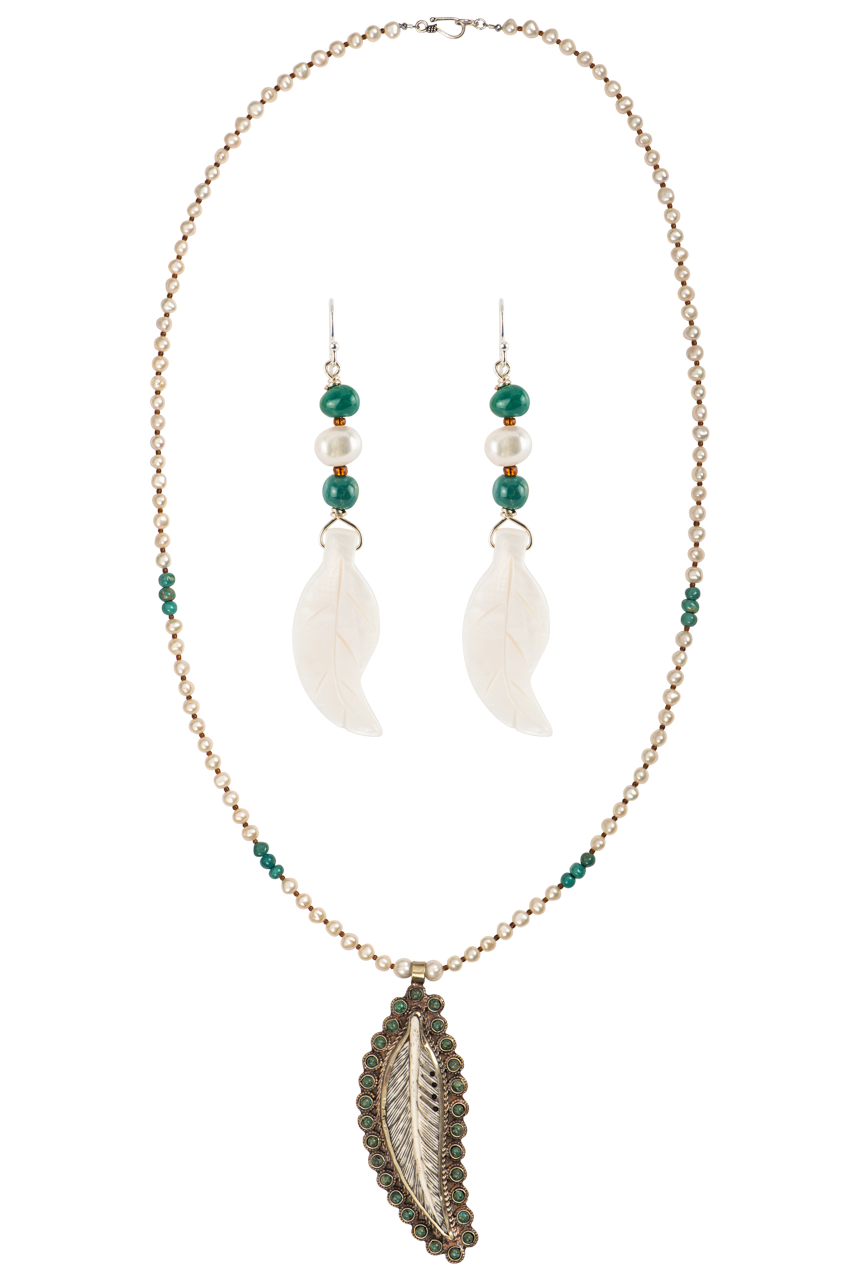 Breathe Deep Pearl & Turquoise Carved Feather Set