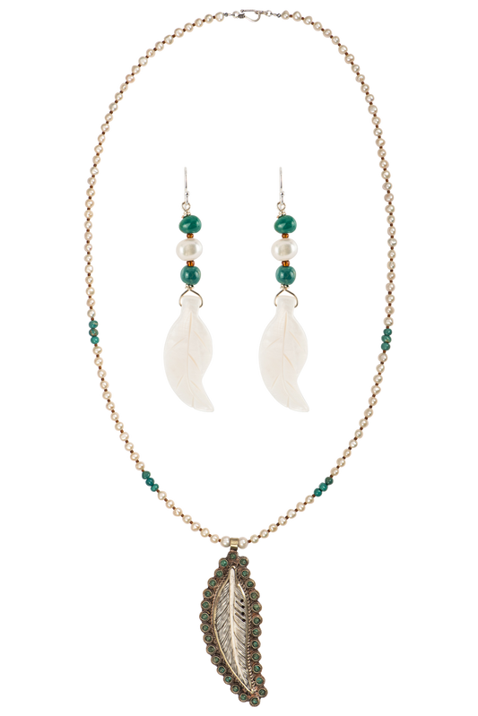 Breathe Deep Pearl & Turquoise Carved Feather Set