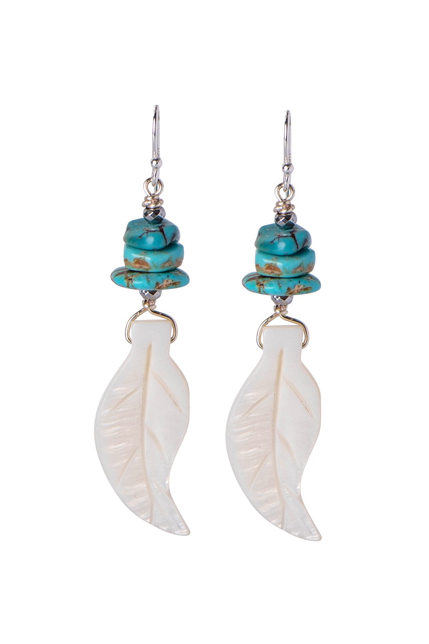 Breathe Deep Mother of Pearl & Turquoise Feather Earrings