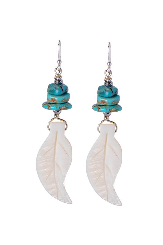 Breathe Deep Mother of Pearl & Turquoise Feather Earrings