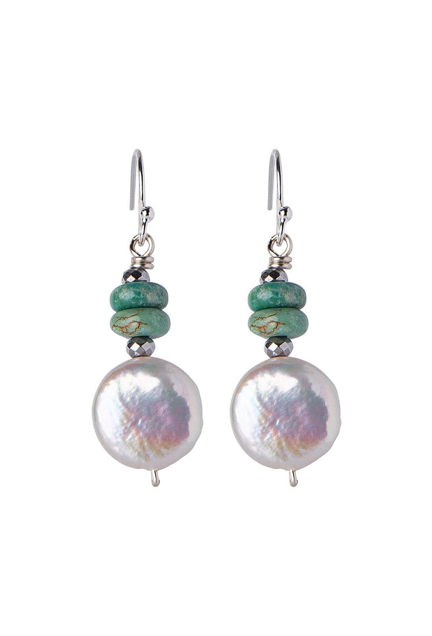 Breathe Deep Designs Button Pearl Earrings with Turquoise Earrings