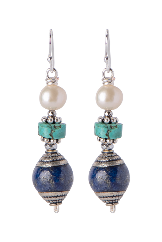 Breathe Deep Designs Pearl, Turquoise and Lapis Drop Earrings