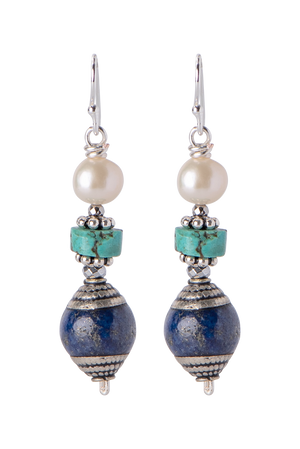 Breathe Deep Designs Pearl, Turquoise and Lapis Drop Earrings