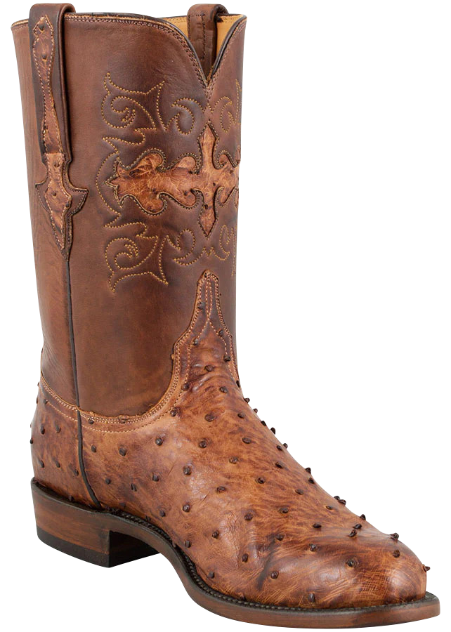 Lucchese Men's Full-Quill Ostrich Roper Boots - Burnished Barnwood