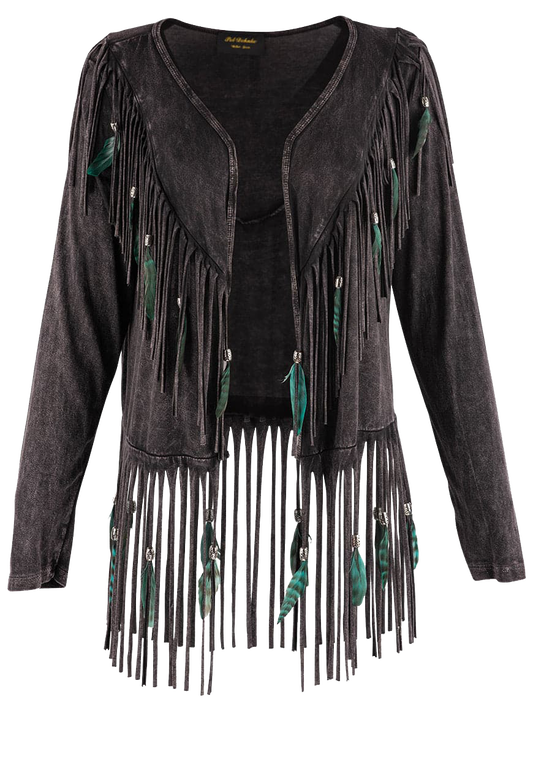 Pat Dahnke Short Feather Fringe Shawl Jacket - Black