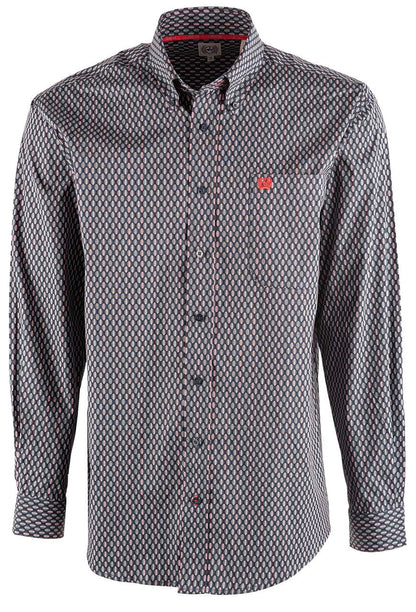 Cinch Print Long Sleeve Button-Front Shirt - Navy Grey and Red
