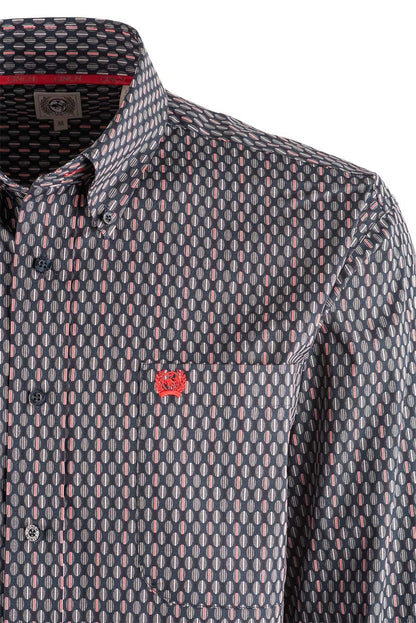 Cinch Print Long Sleeve Button-Front Shirt - Navy Grey and Red