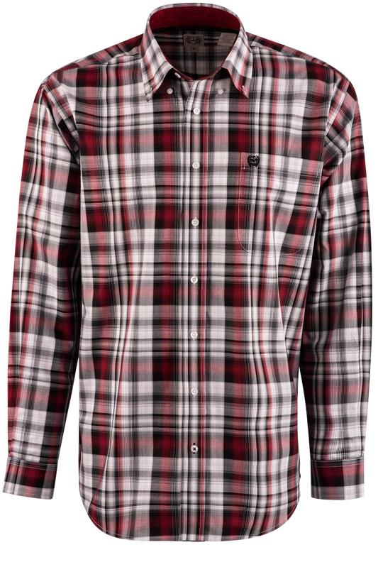 Cinch Plaid Long Sleeve Button-Front Shirt - Burgundy