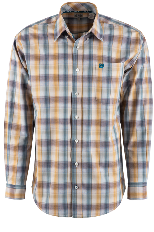 Cinch Plaid Long Sleeve Button-Front Shirt - Gold