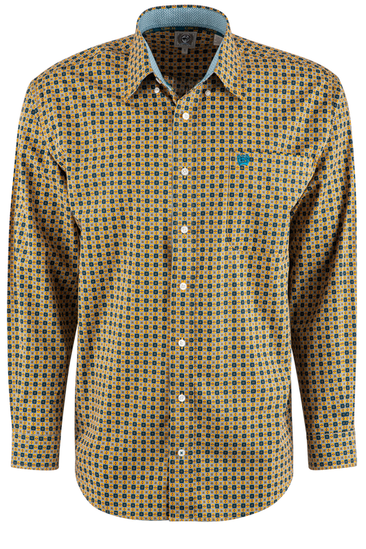 Cinch Print Long Sleeve Button-Front Shirt - Gold