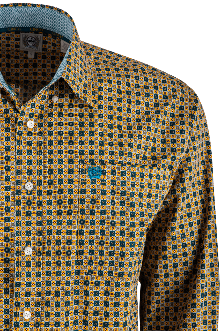 Cinch Print Long Sleeve Button-Front Shirt - Gold