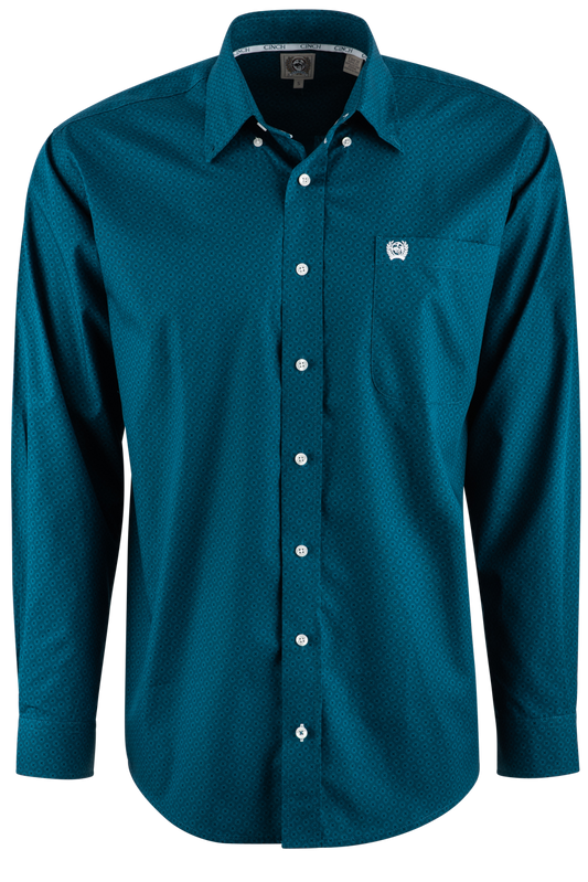 Cinch Solid Foulard Long Sleeve Button-Front Shirt - Teal