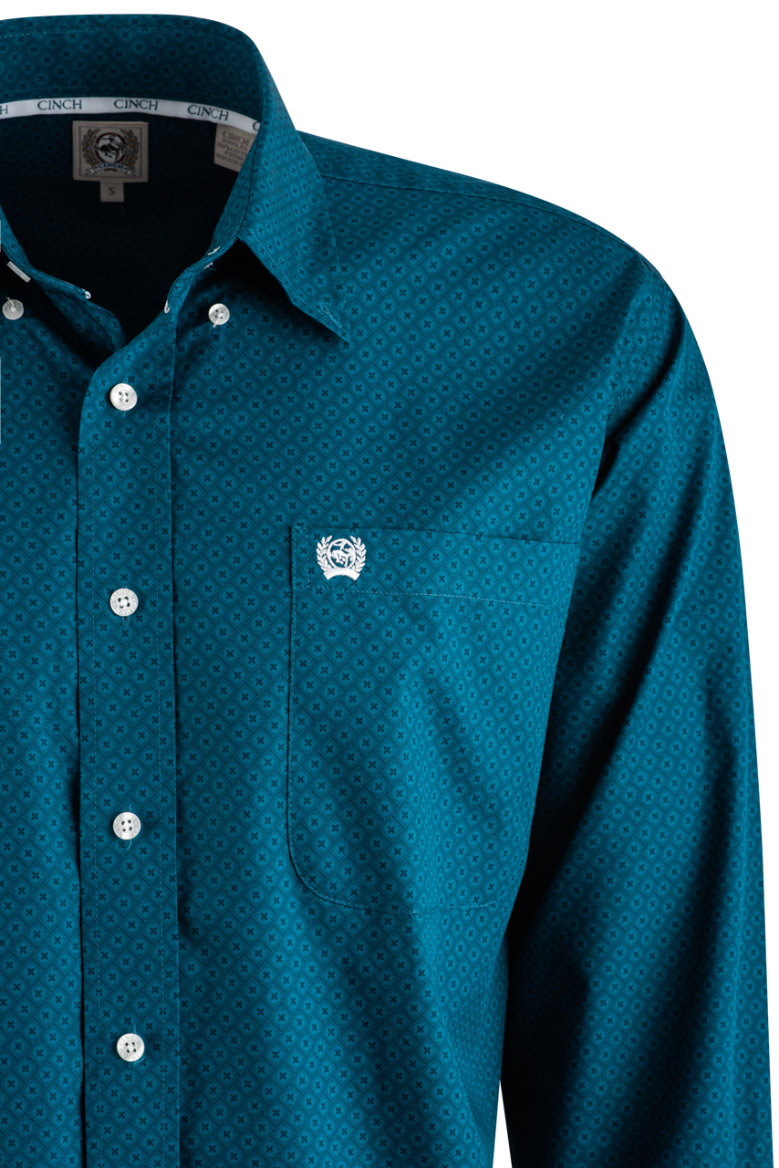 Cinch Solid Foulard Long Sleeve Button-Front Shirt - Teal