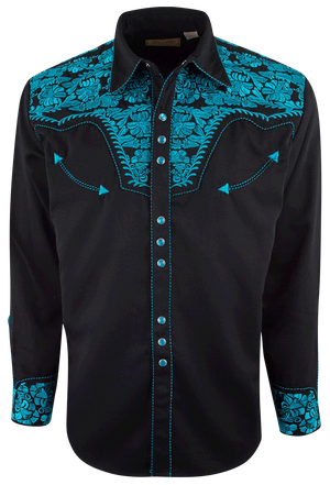 Scully Gunfighter Western Pearl Snap Shirt - Turquoise/Black